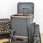 Lombricomposteur compact design rétro d'intérieur 1 à 2 personnes couleur noir texturé et cuivre, édition 2026 ouvert avec acessoires de lombricompostage